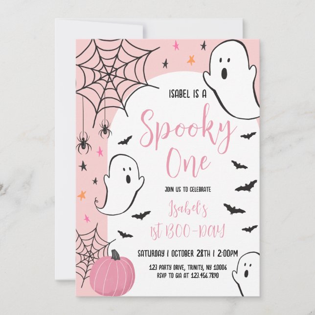 Pink Ghost Spooky One Halloween Birthday Invitation (Front)