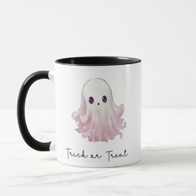 Pink Ghost Trick or Treat Halloween Mug (Left)