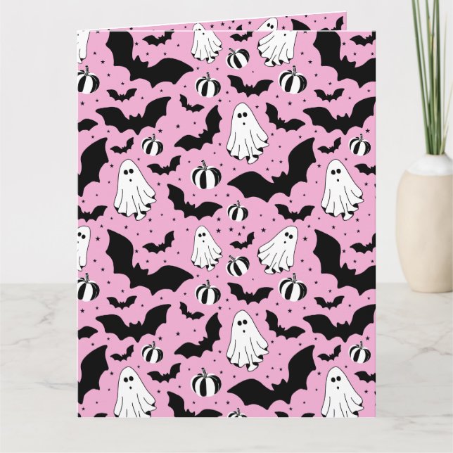 Pink ghosts, bats and pumpkins card (Front)