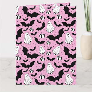 Pink ghosts, bats and pumpkins card