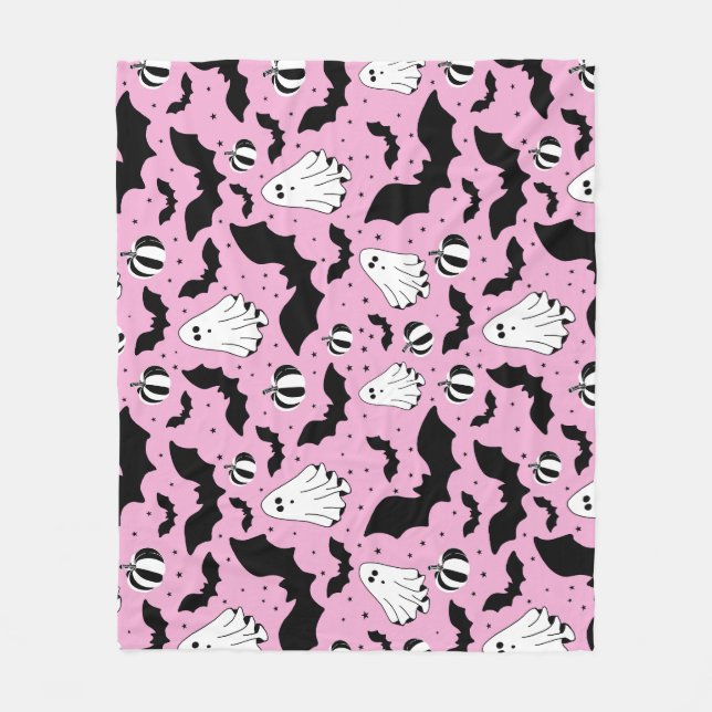 Pink ghosts, bats and pumpkins fleece blanket (Front)