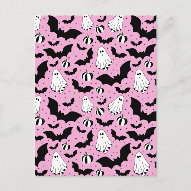 Pink ghosts, bats and pumpkins postcard (Front)