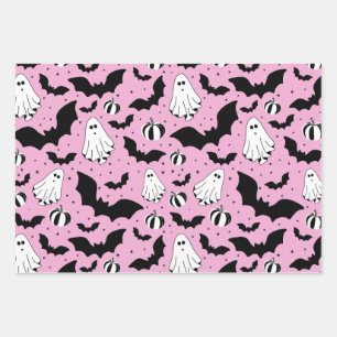 Pink ghosts, bats and pumpkins wrapping paper sheet