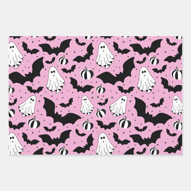 Pink ghosts, bats and pumpkins wrapping paper sheet (Front)