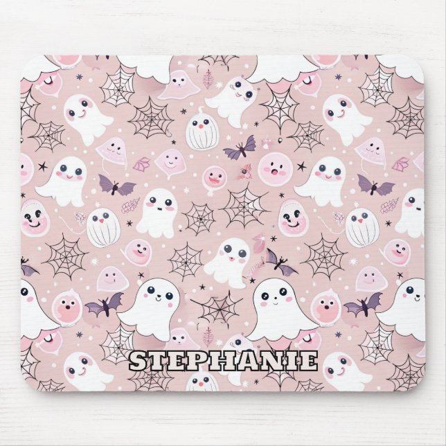 Pink Ghosts & Halloween Elements Seamless Pattern Mouse Mat (Front)