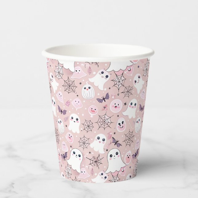 Pink Ghosts & Halloween Elements Seamless Pattern Paper Cups (Front)