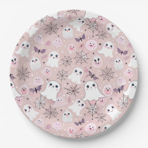 Pink Ghosts & Halloween Elements Seamless Pattern Paper Plate