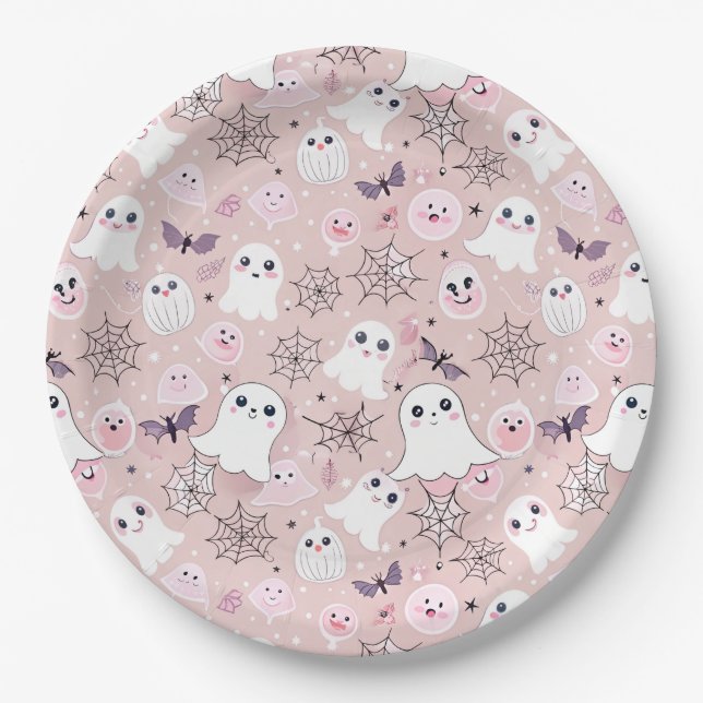 Pink Ghosts & Halloween Elements Seamless Pattern Paper Plate (Front)
