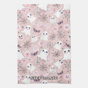 Pink Ghosts & Halloween Elements Seamless Pattern Tea Towel