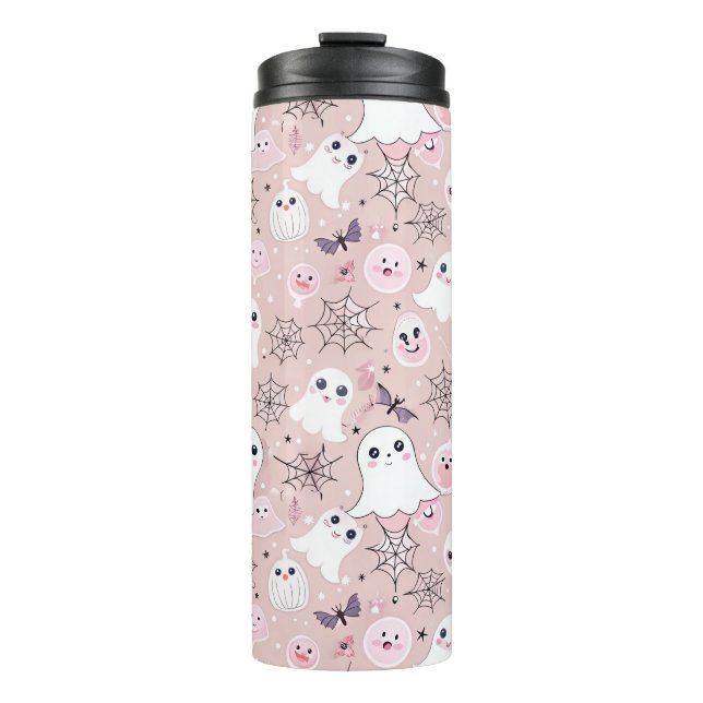 Pink Ghosts & Halloween Elements Seamless Pattern Thermal Tumbler (Front)