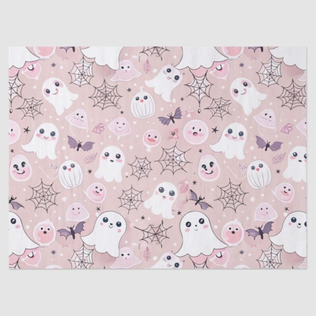 Pink Ghosts & Halloween Elements Seamless Pattern Tissue Paper (Front)