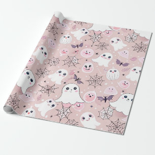 Pink Ghosts & Halloween Elements Seamless Pattern Wrapping Paper