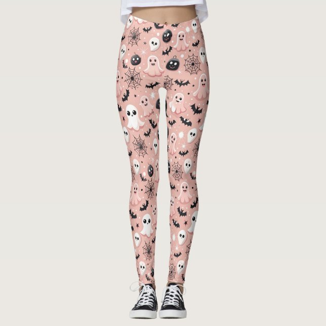 Pink Ghosts & Halloween Seamless Pattern  Leggings (Front)