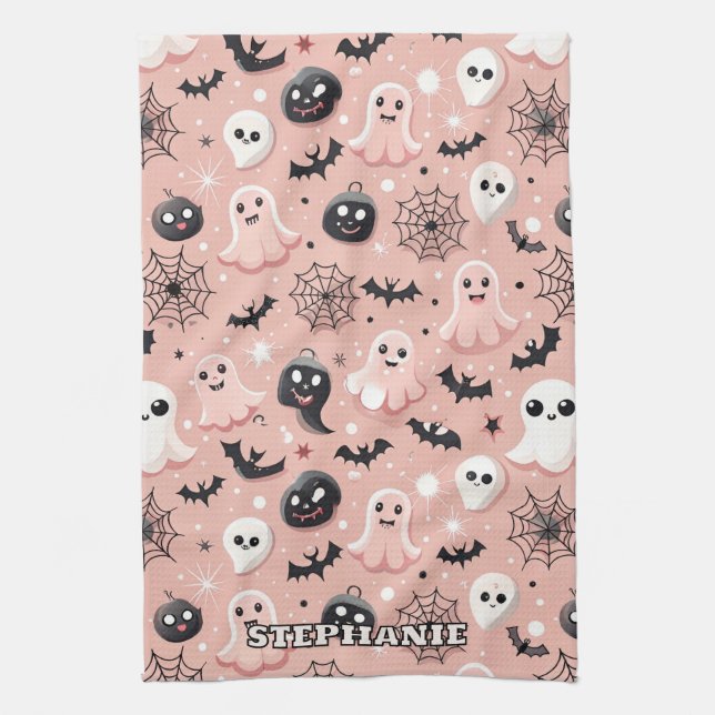 Pink Ghosts & Halloween Seamless Pattern  Tea Towel (Vertical)