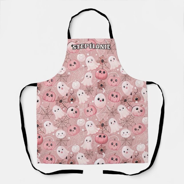 Pink Ghosts & Pumpkins Whimsical Halloween Apron (Front)