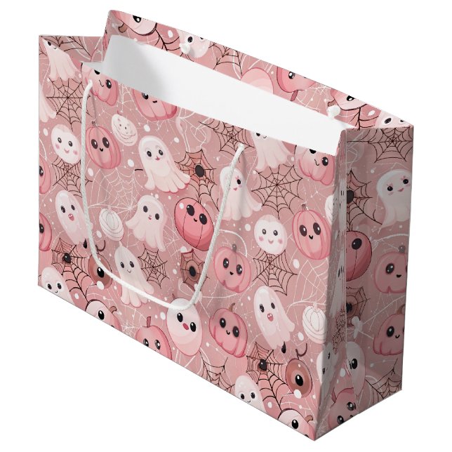 Pink Ghosts & Pumpkins Whimsical Halloween Large Gift Bag (Front Angled)