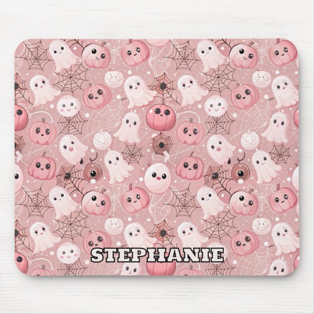 Pink Ghosts & Pumpkins Whimsical Halloween Mouse Mat (Front)