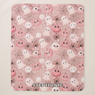 Pink Ghosts & Pumpkins Whimsical Halloween Sherpa Blanket