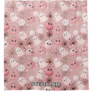 Pink Ghosts & Pumpkins Whimsical Halloween Shower Curtain