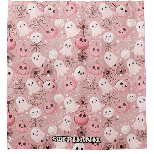 Pink Ghosts & Pumpkins Whimsical Halloween Shower Curtain (Front)