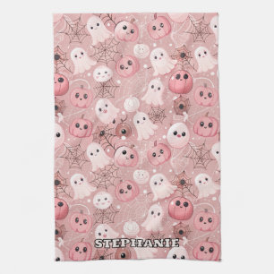 Pink Ghosts & Pumpkins Whimsical Halloween Tea Towel