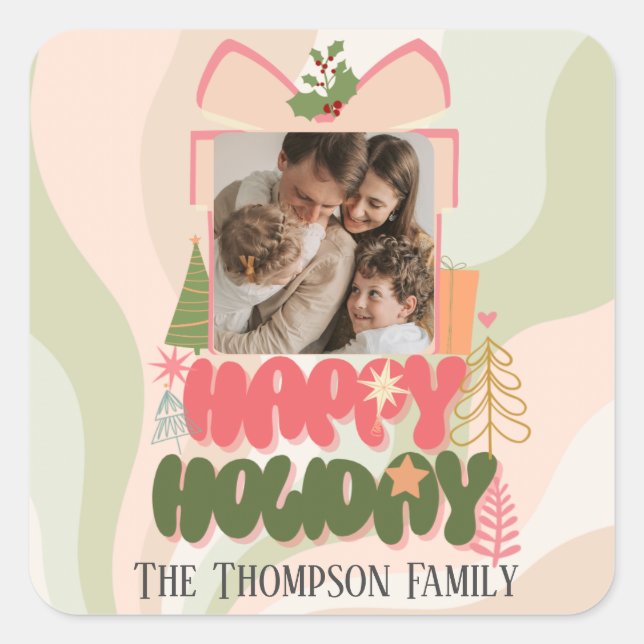 pink gift box Family or business Flat Holiday Card Square Sticker (Front)
