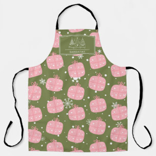 Pink Gift Box Olive Green Christmas Snowflake Apron