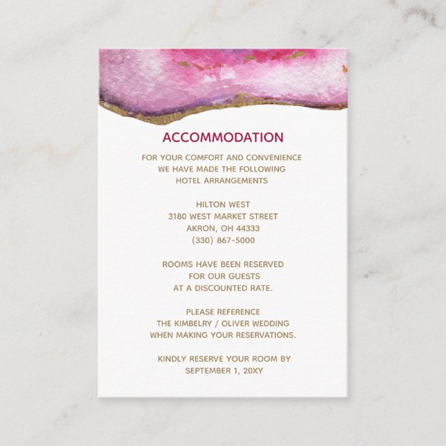 Pink Gilt Agate Wedding accommodation card (Front)