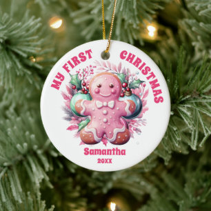Pink Gingerbread Baby's First Christmas Ornament