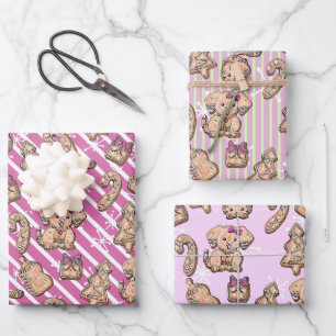 Pink Gingerbread Cookie Kitten & Pup Winter Baby Wrapping Paper Sheet