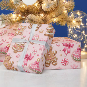 Pink Gingerbread Cookies & Bows Christmas Pattern Wrapping Paper