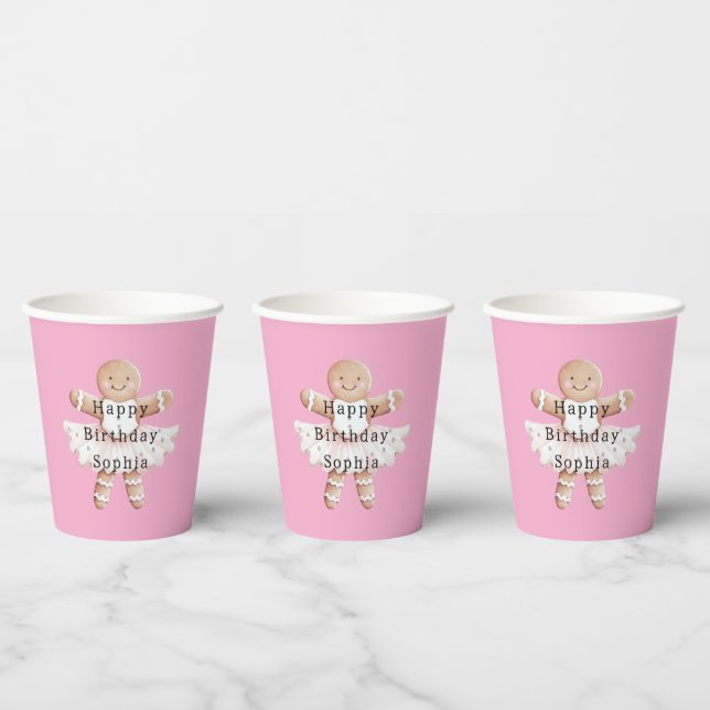 Pink Gingerbread Girl Ballerina Ballet Birthday Paper Cups (Multi)