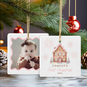 Pink Gingerbread House 1st Christmas Photo Ceramic Ceramic Ornament