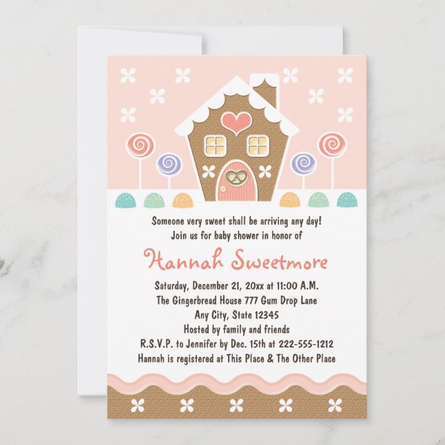 PINK GINGERBREAD HOUSE BABY SHOWER INVITATION (Front)
