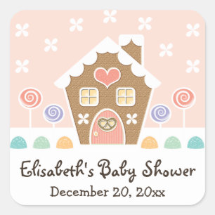 PINK GINGERBREAD HOUSE BABY SHOWER PARTY FAVOR SQUARE STICKER