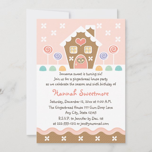 PINK GINGERBREAD HOUSE BIRTHDAY PARTY INVITATIONS (Front)