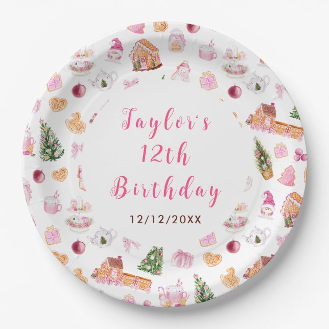 Pink Gingerbread House Birthday Party Paper Plate (Front)