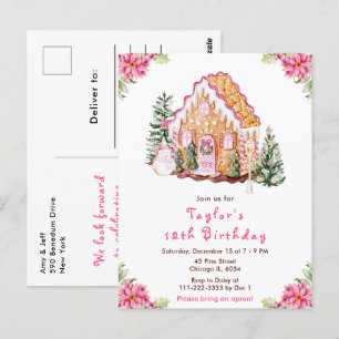 Pink Gingerbread House Birthday Party Postcard