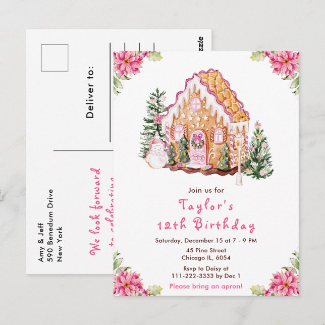 Pink Gingerbread House Birthday Party Postcard (Front/Back)