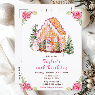 Pink Gingerbread House Birthday Party Postcard