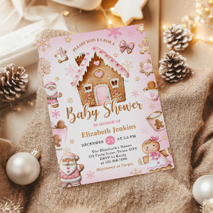 Pink Gingerbread House Christmas Baby Shower Invitation