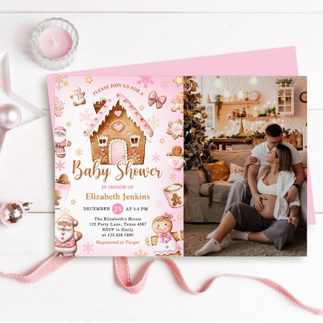 Pink Gingerbread House Christmas Baby Shower Photo Invitation (Creator Uploaded)