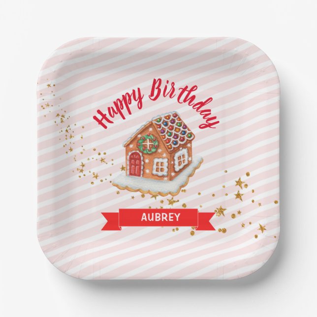 Pink Gingerbread House Christmas Birthday Paper Plate (Front)