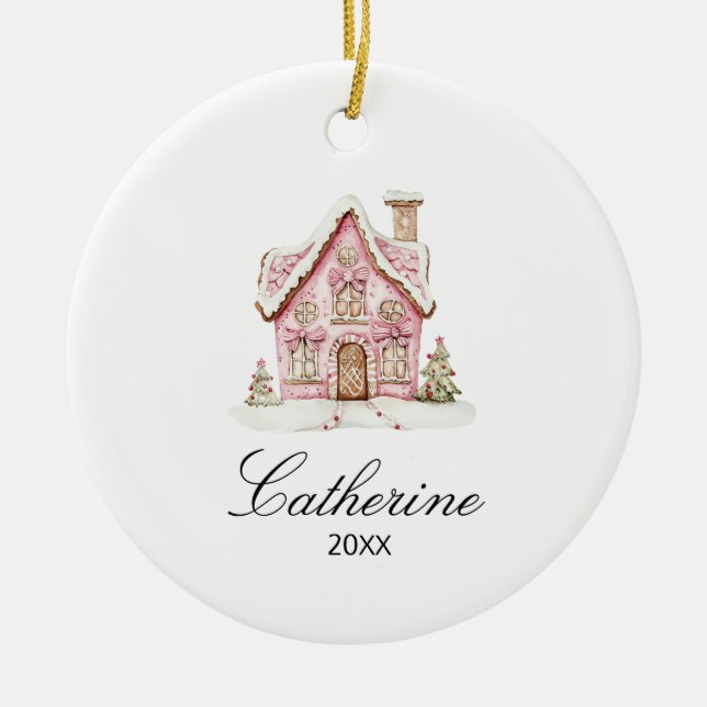 Pink Gingerbread House Christmas Custom Name Ceramic Tree Decoration (Front)