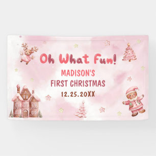 Pink Gingerbread House Christmas First Birthday Banner