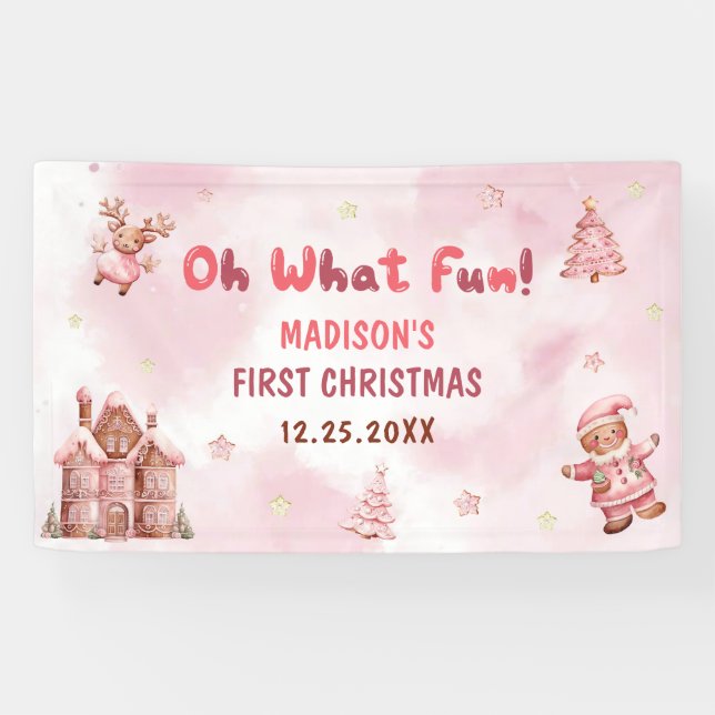 Pink Gingerbread House Christmas First Birthday Banner (Horizontal)