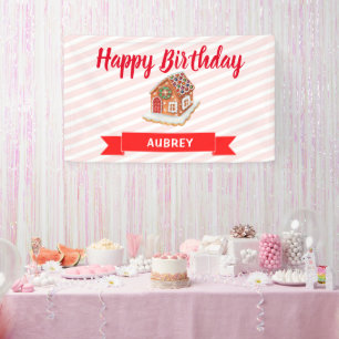 Pink Gingerbread House Christmas First Birthday  Banner
