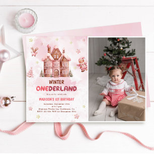 Pink Gingerbread House Christmas First Birthday  Invitation