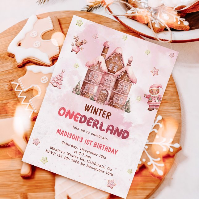 Pink Gingerbread House Christmas First Birthday Invitation (Creator Uploaded)