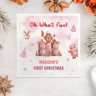 Pink Gingerbread House Christmas First Birthday Napkin
